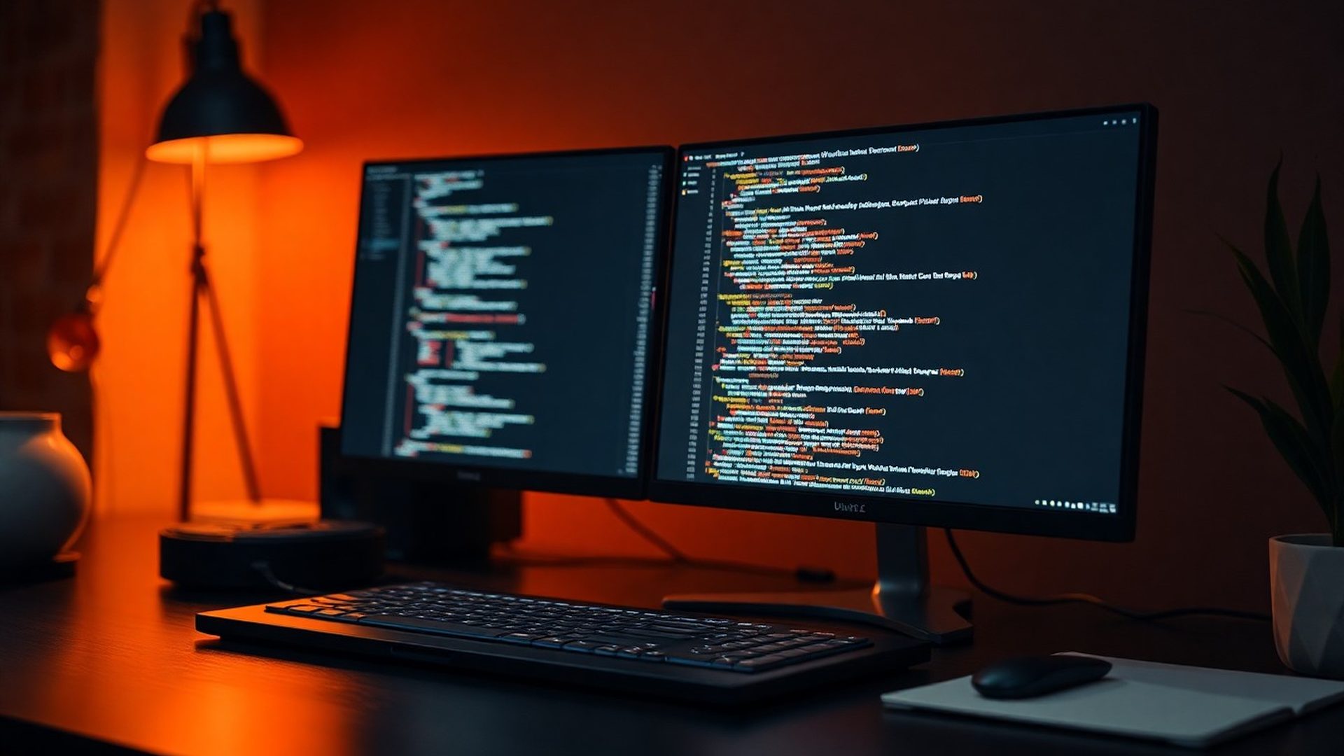 Postazione di sviluppo con doppio monitor e ambiente di lavoro moderno